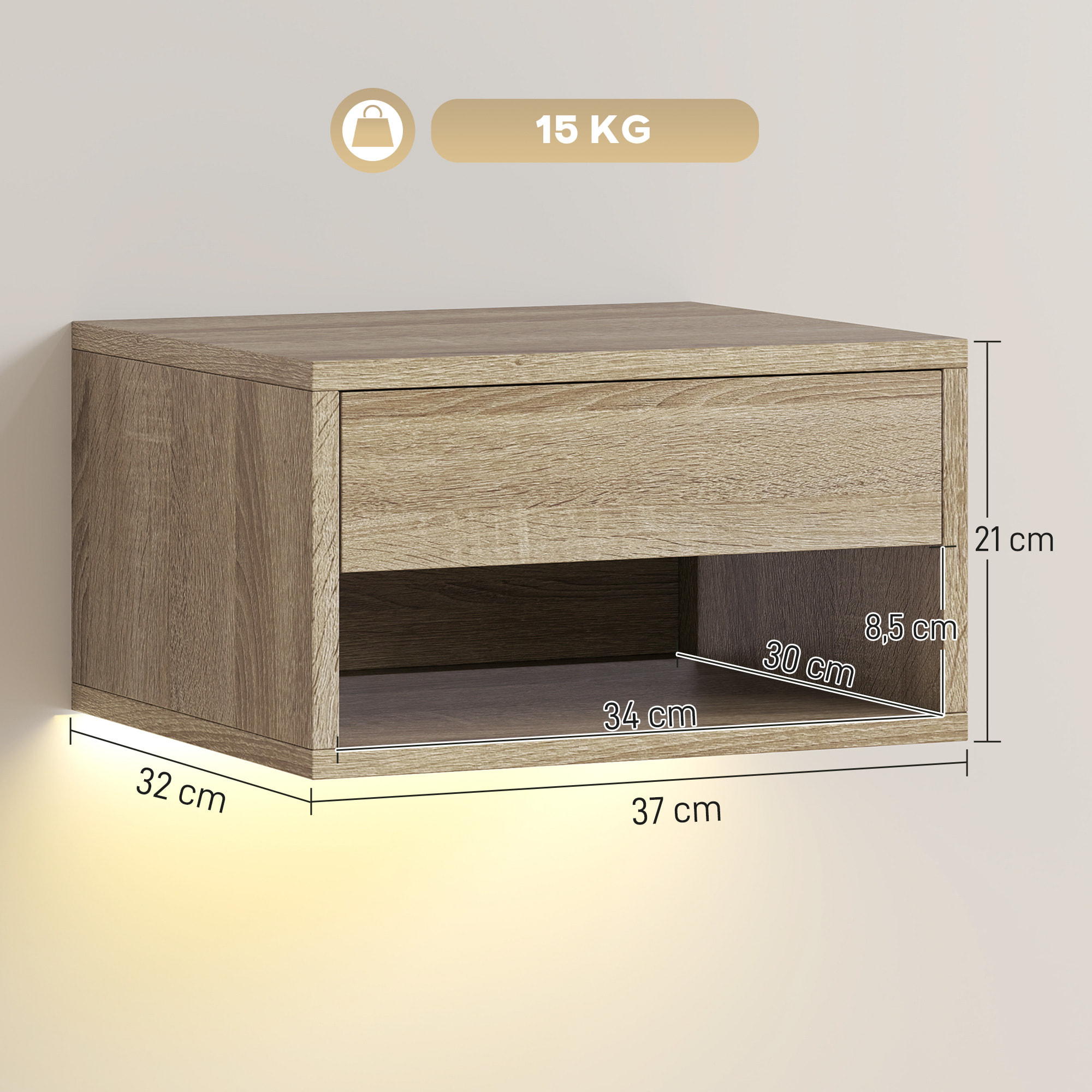 Juego de 2 Mesitas de Noche Flotantes con Luces LED RGB Control de APP, Mesillas de Noche Dormitorio con Cajón, Estante Abierto, para Sala de Estar, 37x32x21 cm, Natural
