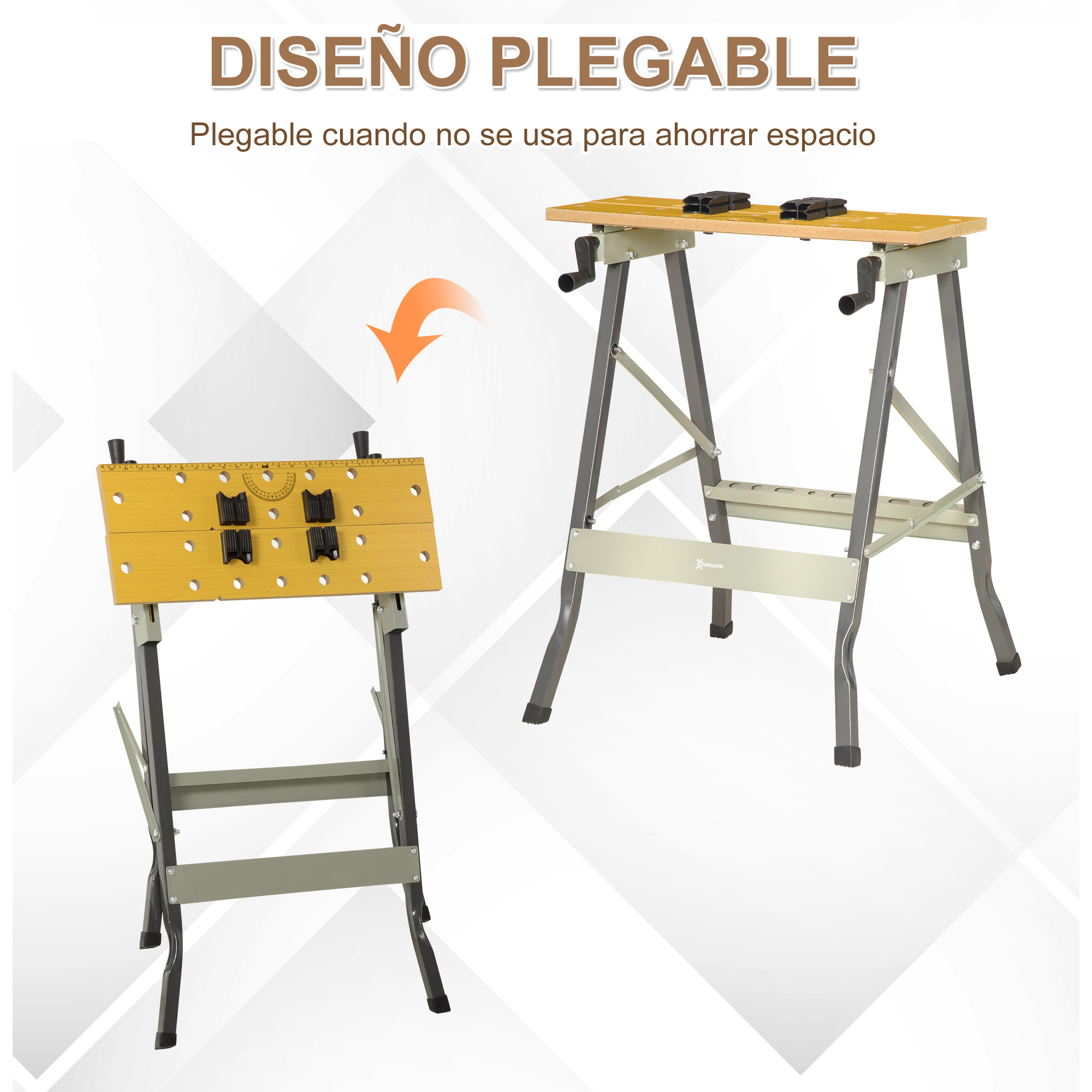 Banco de Trabajo Plegable, 4 en 1, Mesa de Trabajo con 4 Abrazaderas Ajustables, 2 Manivelas, 2 Paneles de MDF, para Garaje y Taller, Carga 100 kg, 62,5x60,5x78,5 cm, Natural y Gris