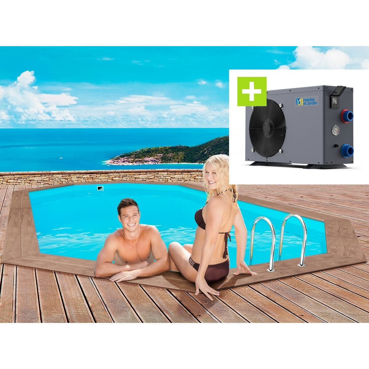 Piscine bois " Rio " - 5.60 x 3.70 x 1.24 m +  Pompe à chaleur - Puissance 6.1 kW