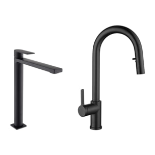 B-Way set mitigeur lavabo XL + mitigeur cuisine Ceramia Timeless acier inoxydable, douchette extractible, noir (SATTMLBM285BM)