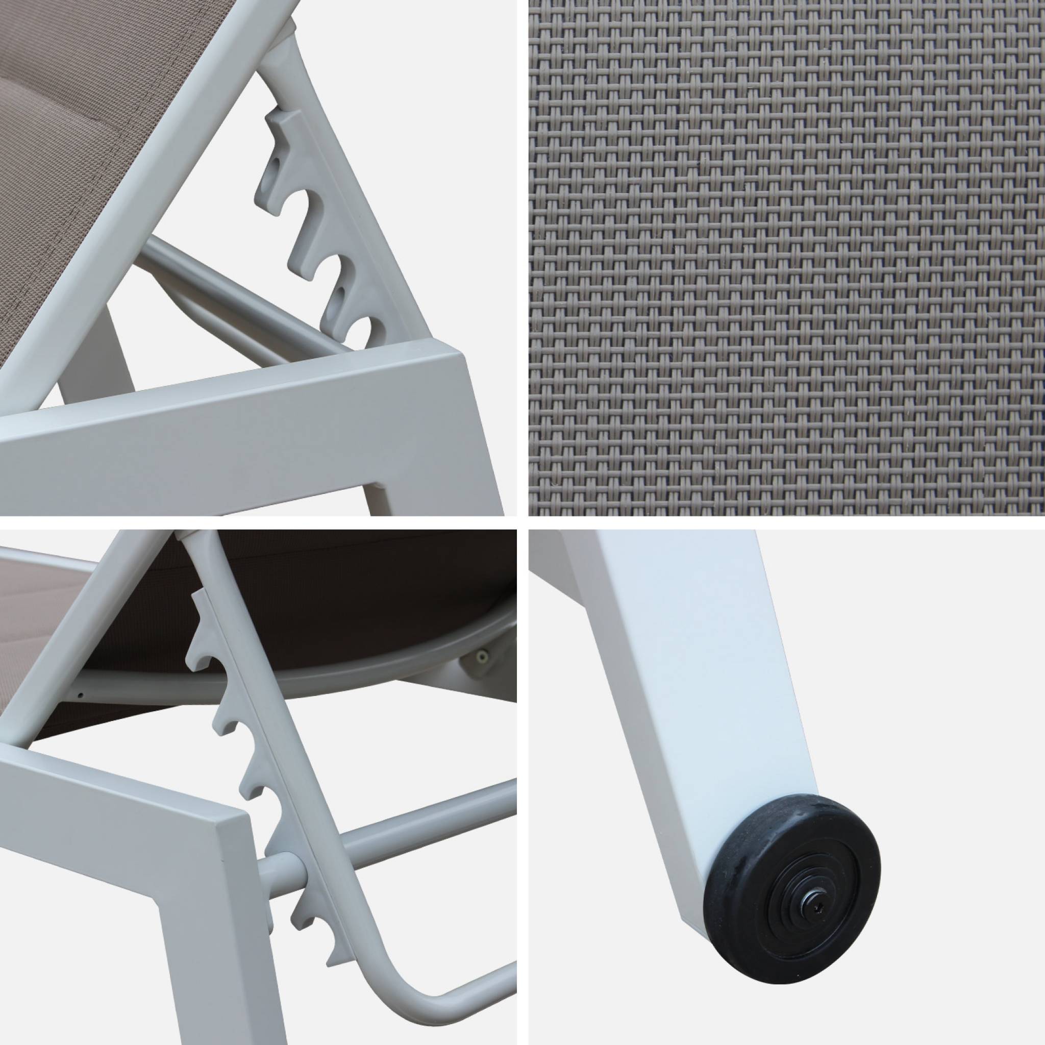 Lot de 2 bains de soleil Solis en textilène matelassé. transats 6 positions. structure blanc. textilène taupe