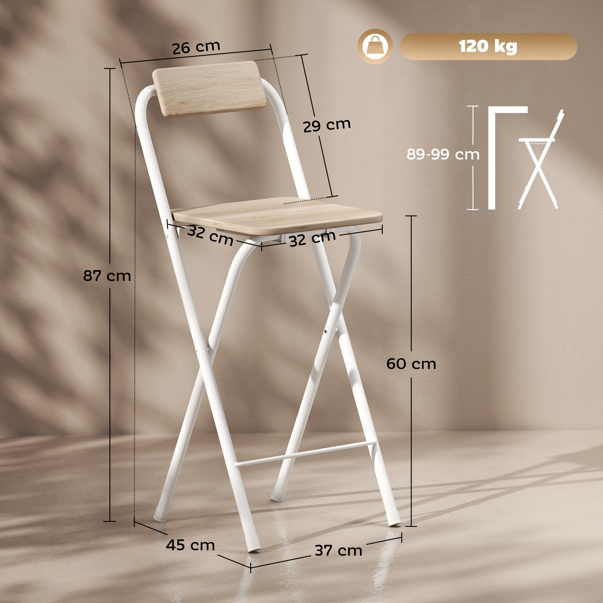 Lot de 2 tabourets de bar pliants avec dossier et repose-pieds acier blanc effet bois clair