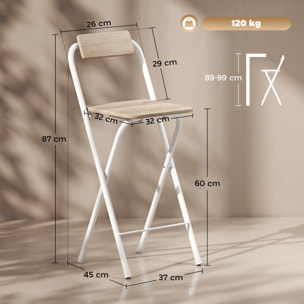 Lot de 2 tabourets de bar pliants avec dossier et repose-pieds acier blanc effet bois clair