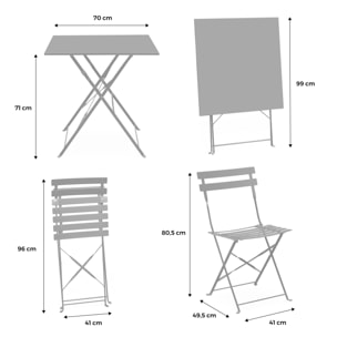 Table de jardin bistrot pliante métal + 2 assises kaki 70 x 70cm. acier thermolaqué