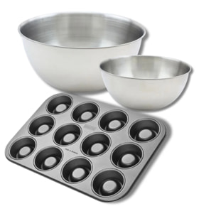 Ensemble avec 1 Moule 12 babas au rhum, 1 spatule Zenker et 2 bols à mixer en inox Fackelmann