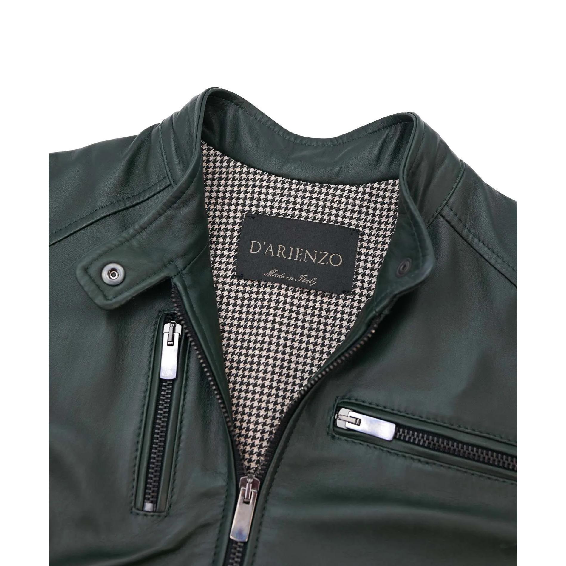 Giacca biker in pelle naturale verde effetto liscio