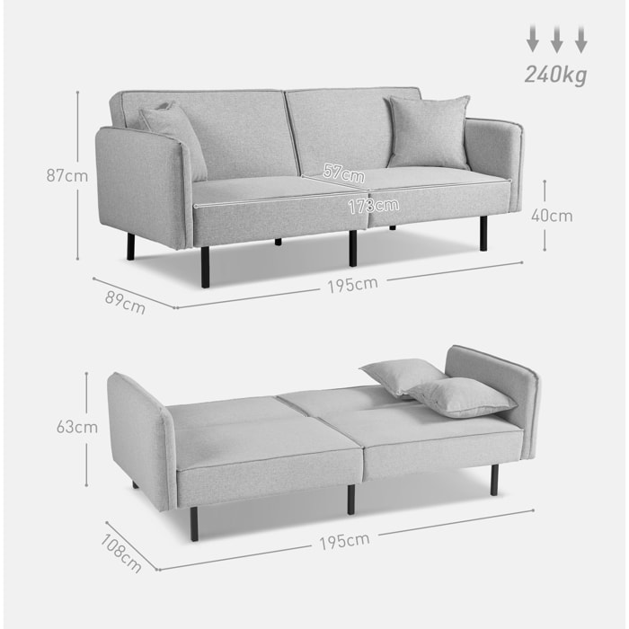 Canapé convertible 3 places, canapé-lit clic-clac, avec 2 coussins 195l x 89P x 87H cm gris clair