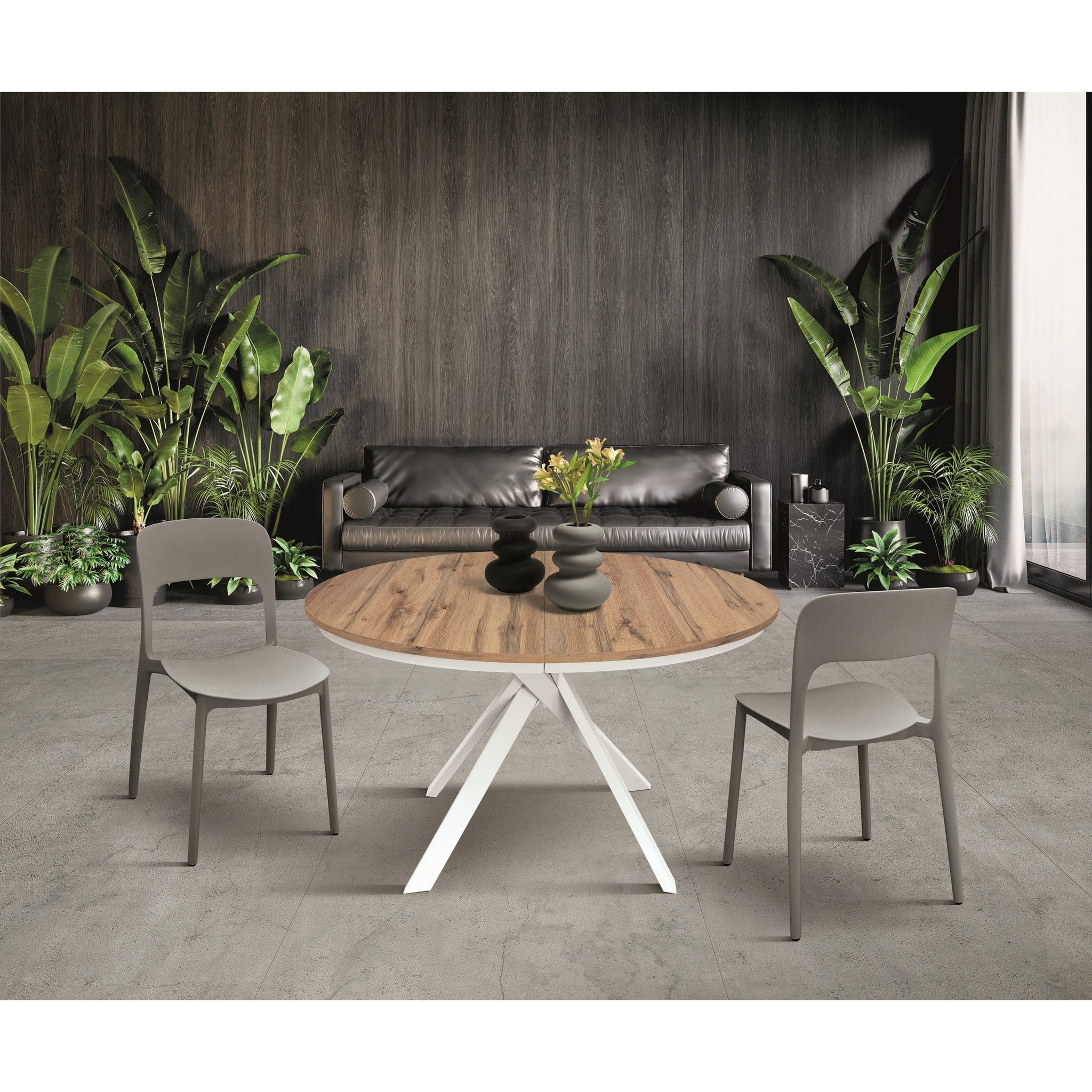 Tavolo rotondo PANTELLERIA in legno effetto rovere rustico con gambe incrociate in metallo bianco, allungabile ⌀120 cm - ⌀170 cm