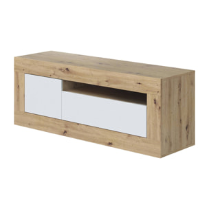 Mobile porta TV Killeen, Credenza per televisione da soggiorno, Supporto TV a 2 ante, cm 139x42h53, Rovere nodi e Bianco