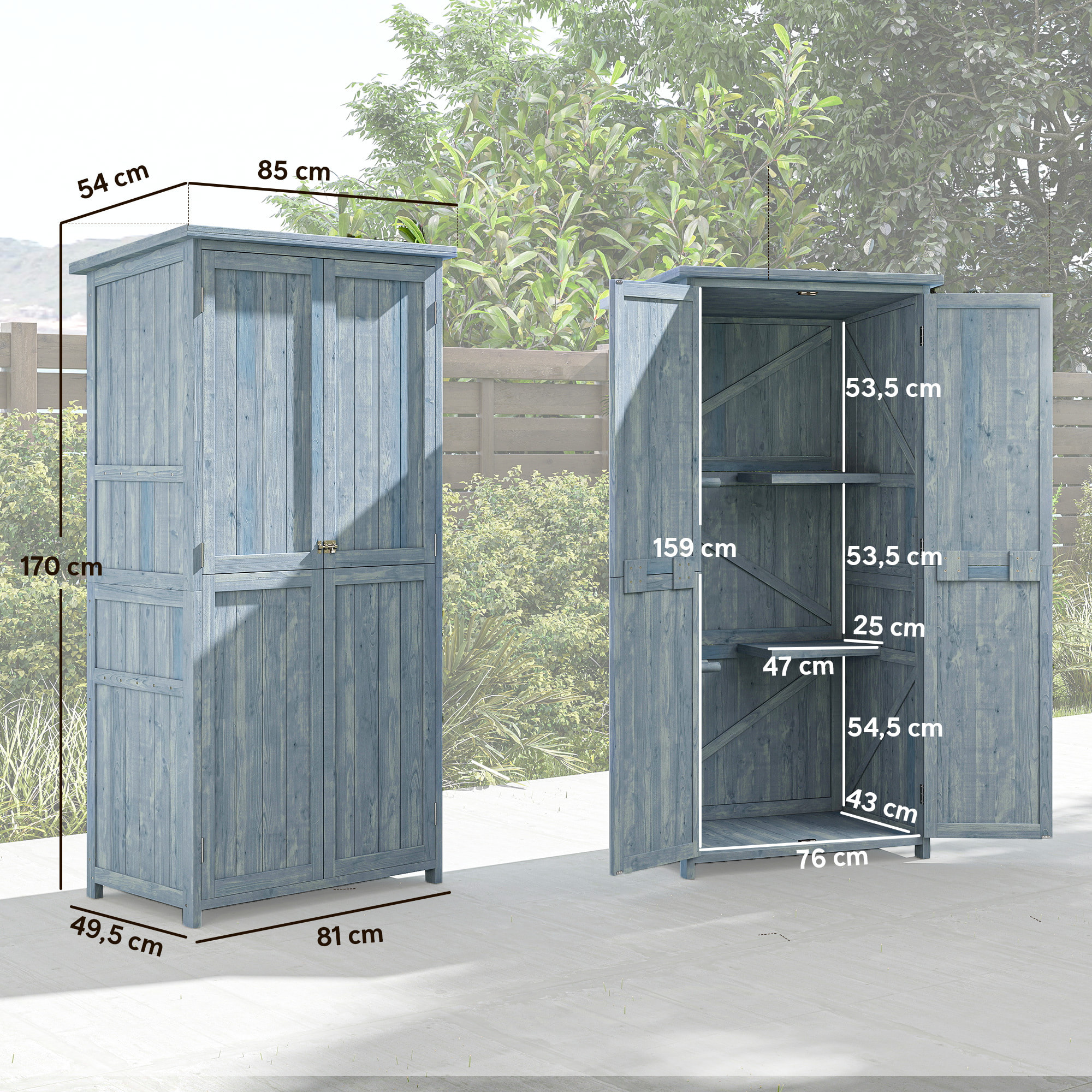 Armoire de jardin bois 2 portes 2 étagères 5 racks 85 x 54 x 170 cm gris