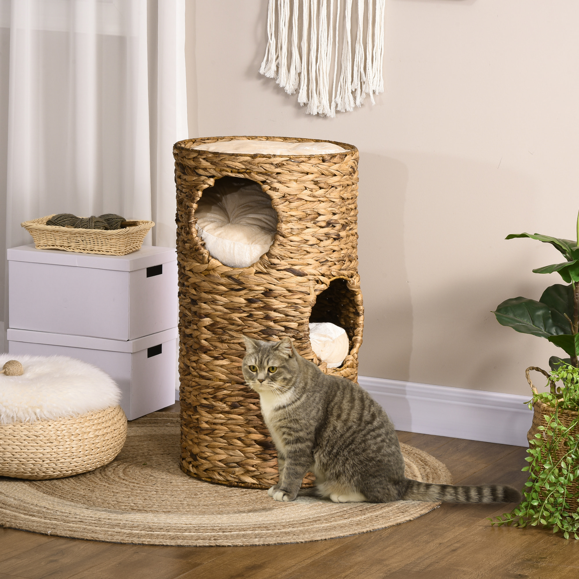 Tour à griffer pour chat - tonneau griffoir - 3 niveaux + plateforme - jacinthe d'eau tissu