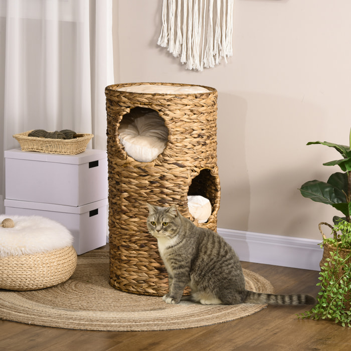 Tour à griffer pour chat - tonneau griffoir - 3 niveaux + plateforme - jacinthe d'eau tissu
