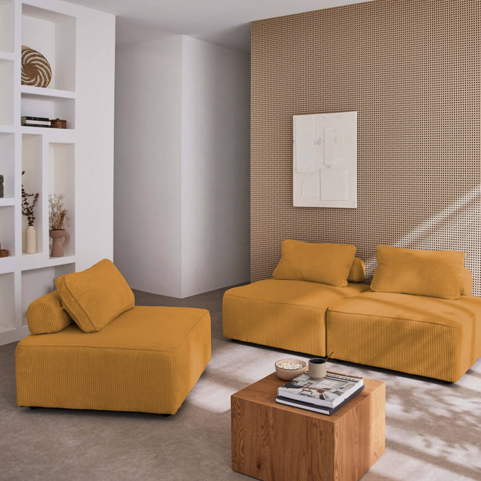 Lot de 3 chauffeuses pour canapé modulables velours côtelé moutarde avec un coussin