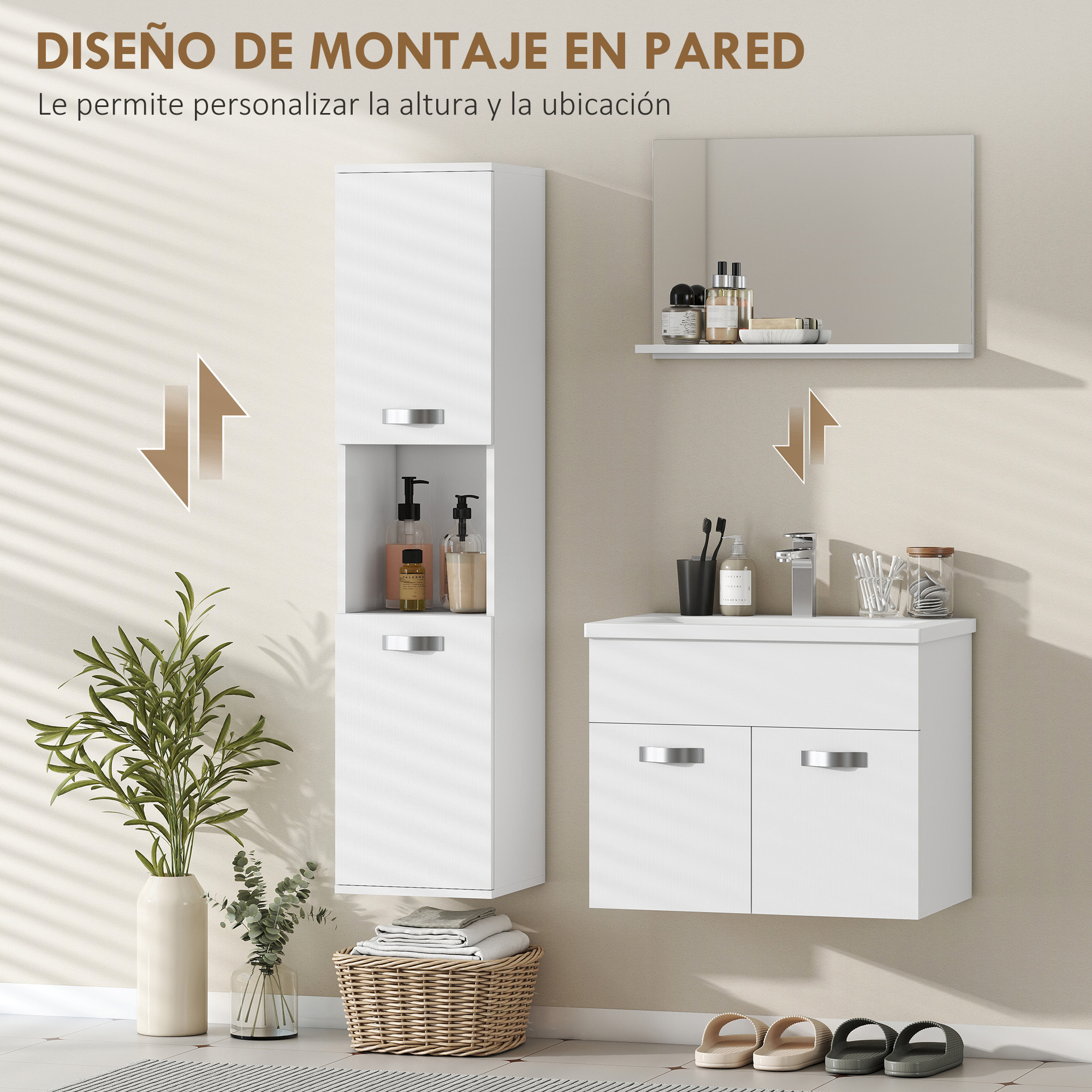 Conjunto de Muebles de Baño de Pared de 4 Piezas con Lavabo Cerámico, Espejo con Estante, Mueble Bajo Lavabo y Columna de Baño, Estilo Moderno, Blanco
