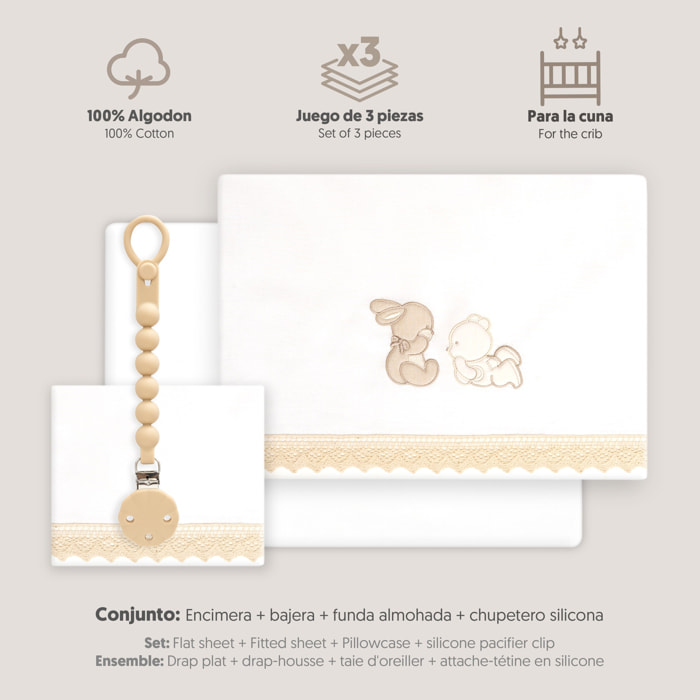 Triptico Cuna Guipur Oso Tumbado Conejito + Broche Bco/Beig
