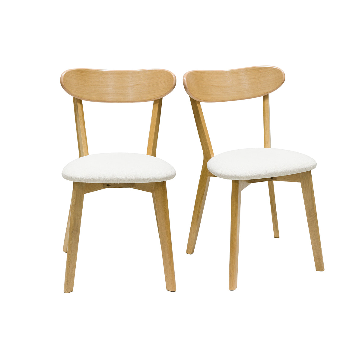 Chaises vintage en bois clair chêne et tissu effet laine bouclée blanc (lot de 2) LUCIA