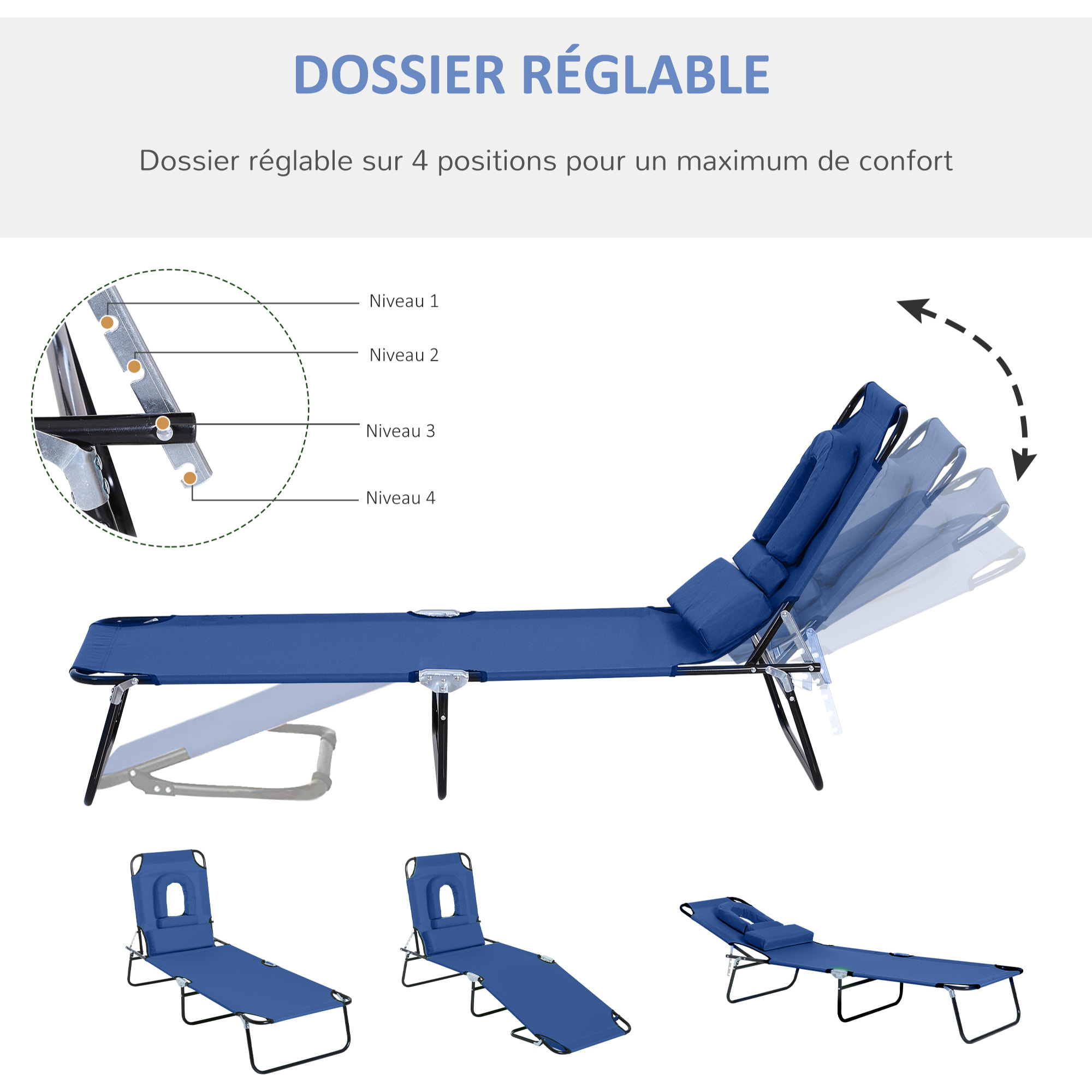 Bain de soleil pliable transat inclinable 4 positions chaise longue de lecture 3 coussins fournis bleu