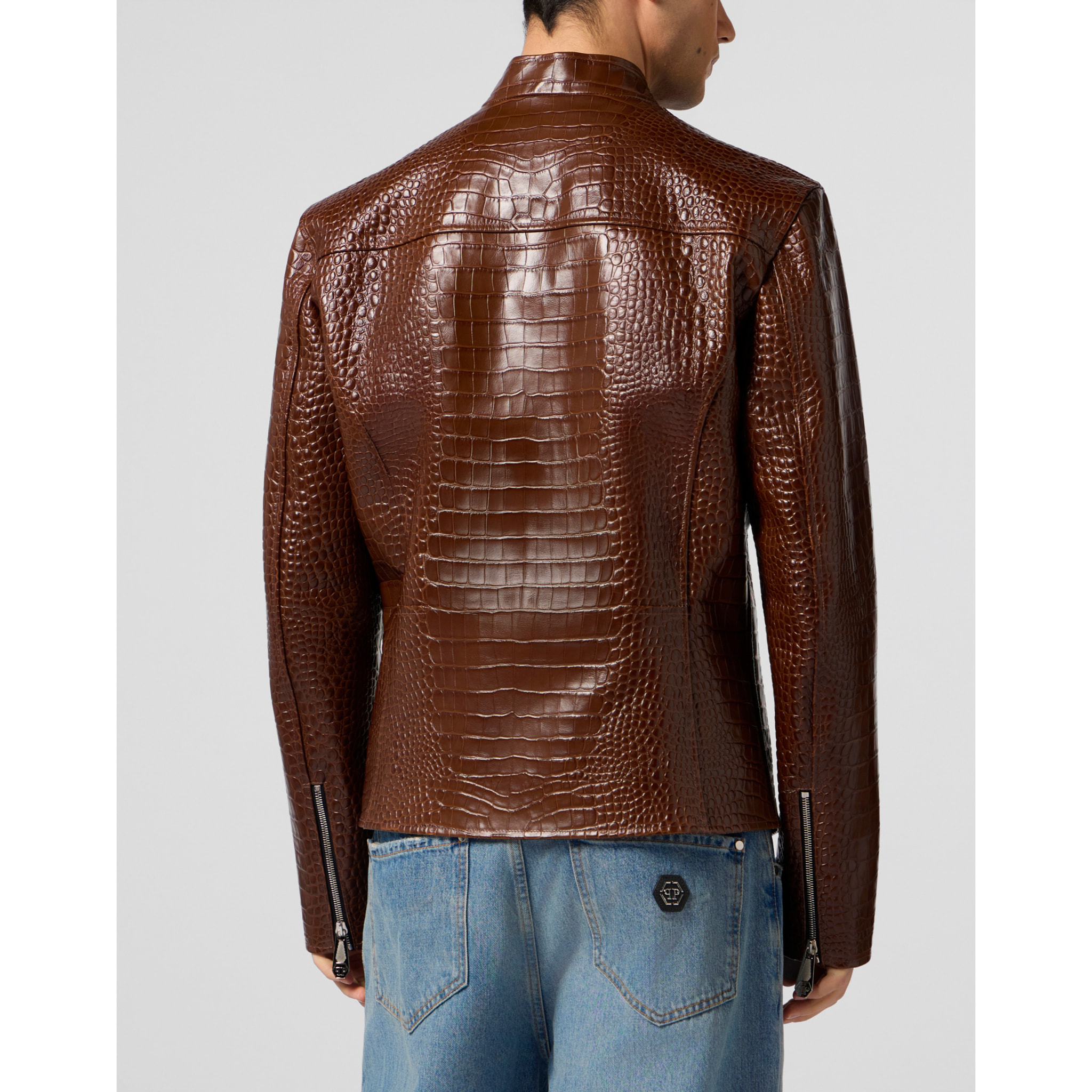 PHILIPP PLEIN Leather Moto Jacket Cocco