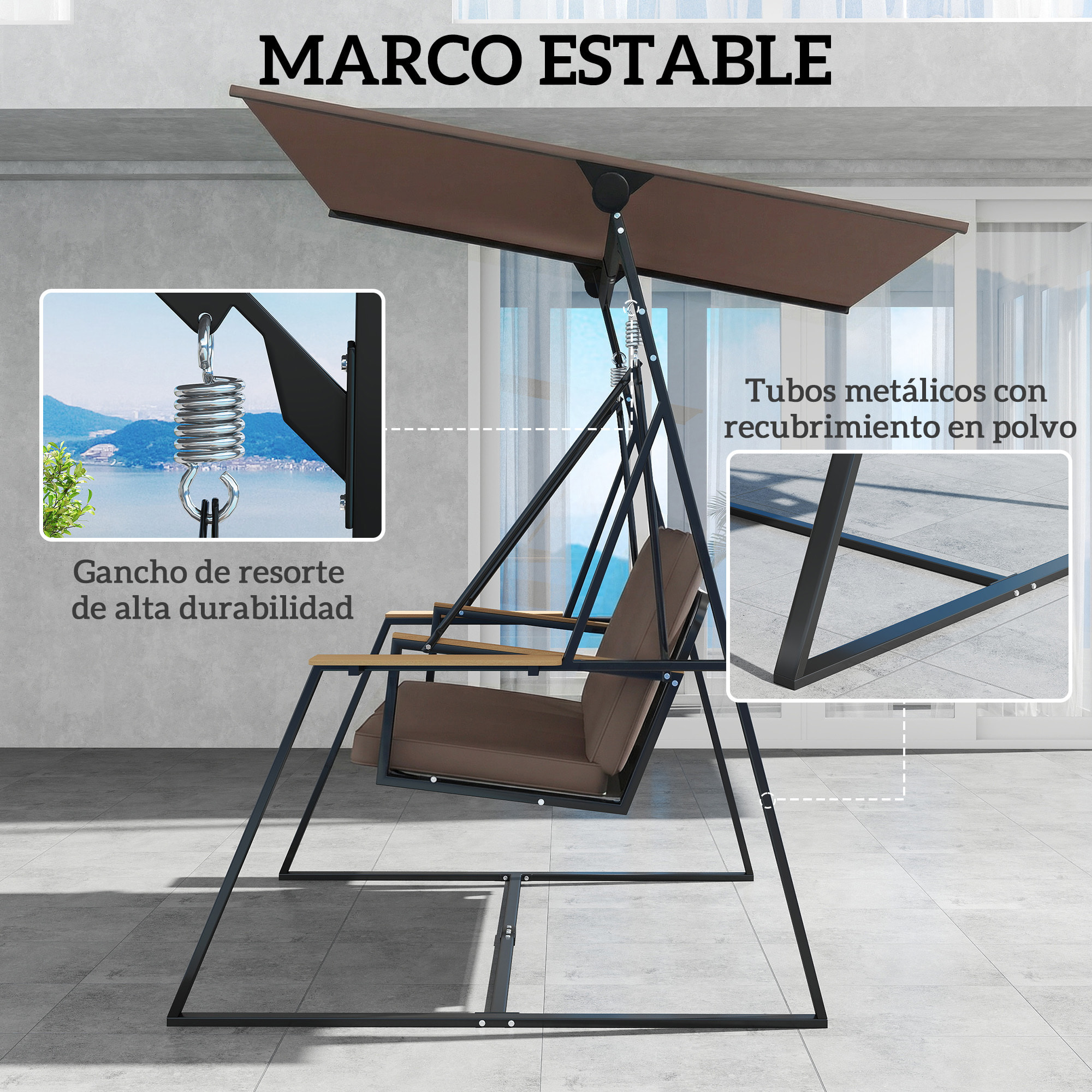 Columpio de Jardín de 3 Plazas, Balancín de Jardín Exterior con Techo Ajustable UPF50+, 2 Bandejas, Cojines y Marco de Metal, para Balcón, Terraza, Patio, Carga 360 kg, 222x131x175 cm, Marrón