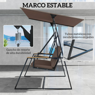 Columpio de Jardín de 3 Plazas, Balancín de Jardín Exterior con Techo Ajustable UPF50+, 2 Bandejas, Cojines y Marco de Metal, para Balcón, Terraza, Patio, Carga 360 kg, 222x131x175 cm, Marrón