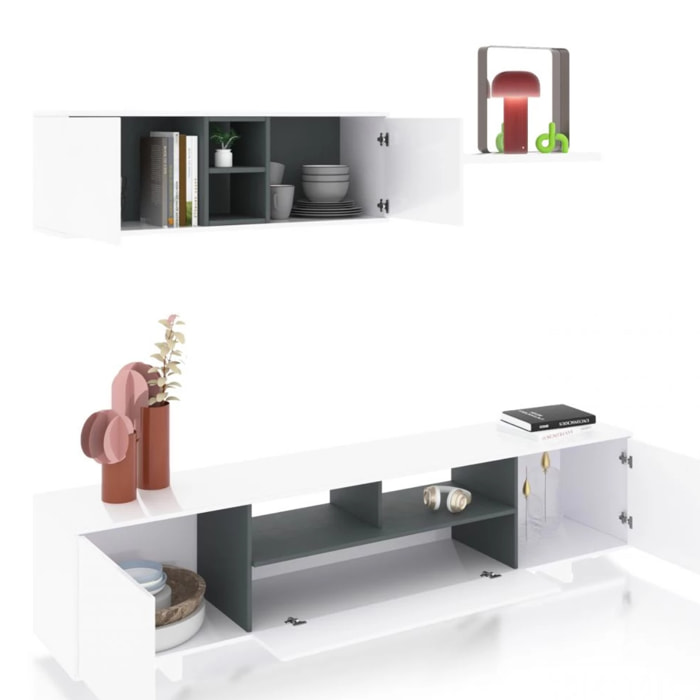 Salón con mueble de TV y estantería en blanco brillo y gris antracita 200 cm Kenzo Blanco Brillo - Gris Antracita