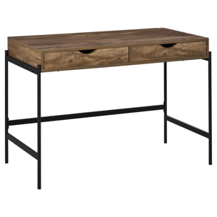 Bureau style industriel dim. 110L x 55l x 75H cm cm tiroir + 2 tiroirs piètement métal noir plateau MDF aspect bois