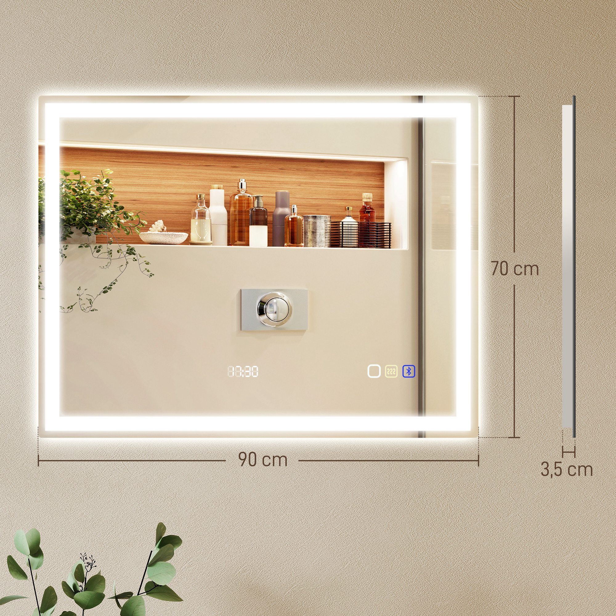 Miroir lumineux LED salle de bain 90 x 70 cm bluetooth interrupteur tactile lumière réglable 3 couleurs fonction anti-buée et mémoire