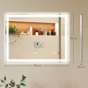 Miroir lumineux LED salle de bain 90 x 70 cm bluetooth interrupteur tactile lumière réglable 3 couleurs fonction anti-buée et mémoire