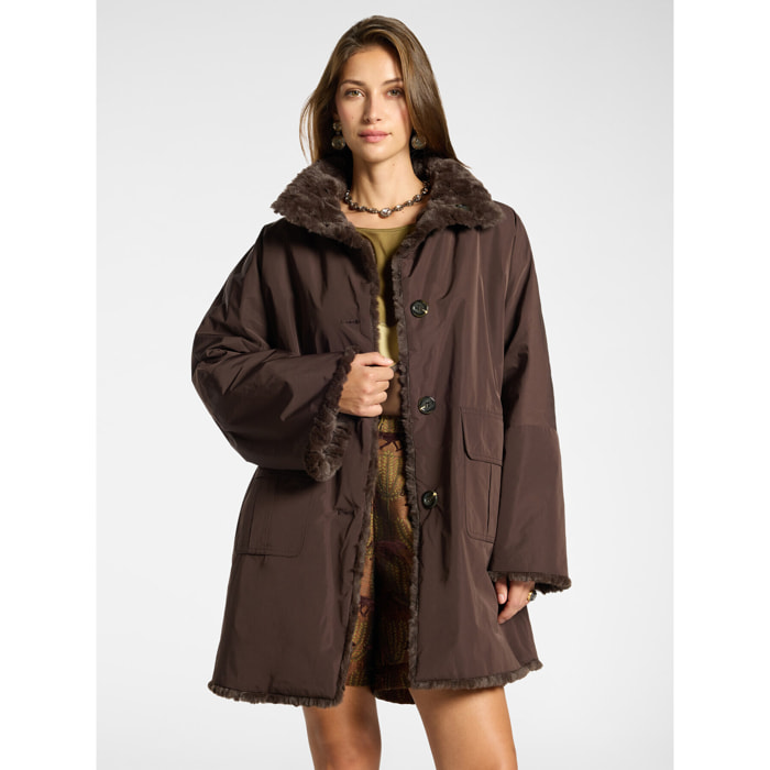 Elena Mirò - Giaccone reversibile in nylon eco shearling - Marrone
