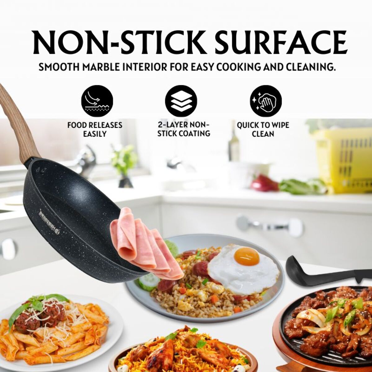 Batterie de cuisine 14 pièces avec revêtement en granit et manche en bois Noir Herzberg HGWDMRB14-BLK