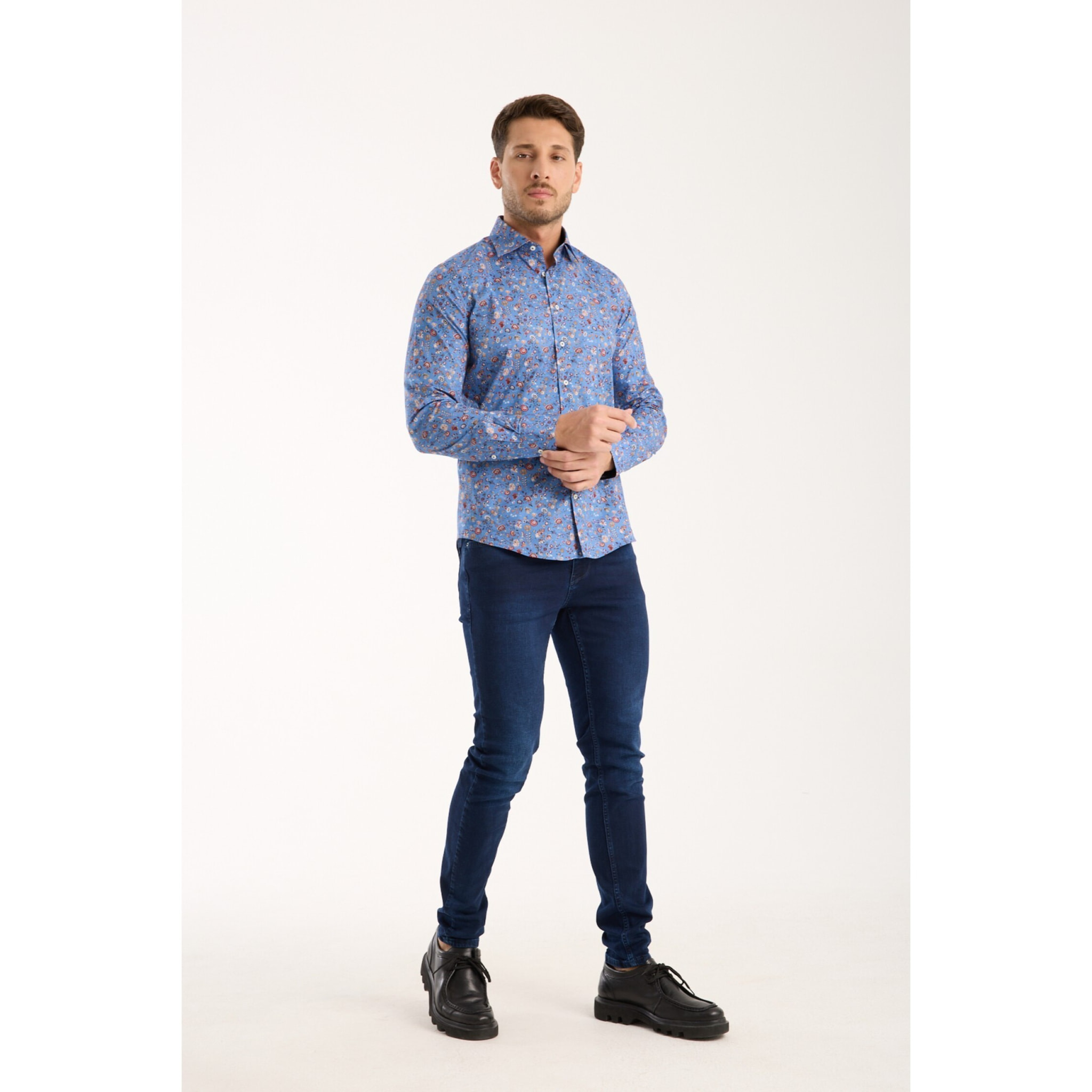Camicia Uomo 1 Bottone Francese Slim Popeline Stretch Stampato Inchostro Mattone