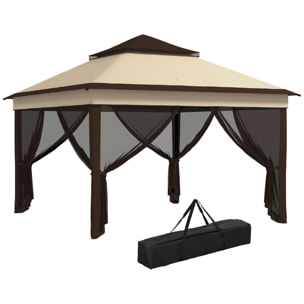 Carpa Plegable 3x3x2,7 m Cenador de Jardín con Doble Techo Altura Ajustable 4 Mosquiteras Protección UV30+ Impermeable y Bolsa Gazebo para Exterior Fiestas Camping Beige y Café