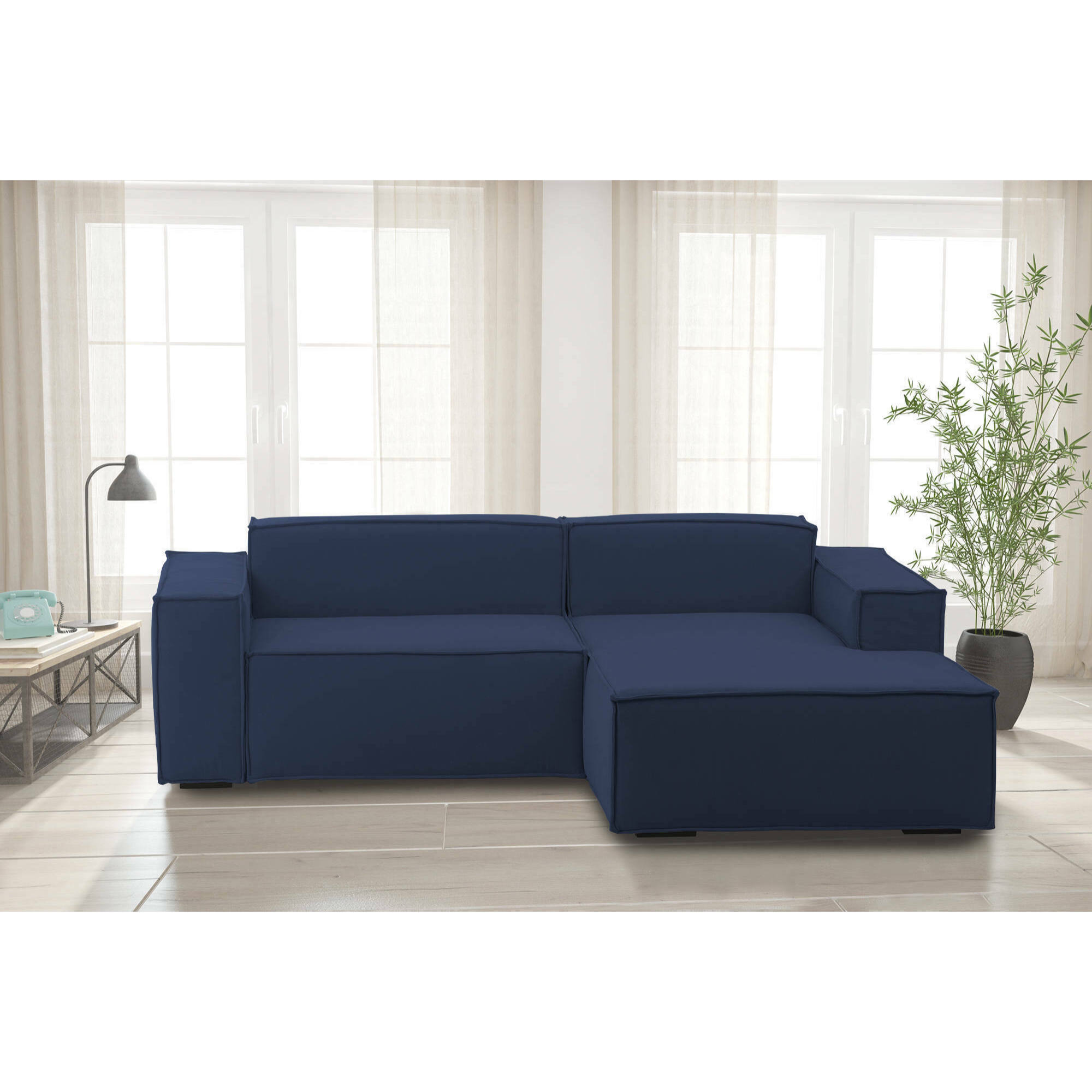 Divano fisso con penisola Amuleto, Divano componibile a 2 posti con penisola destra, Sofà moderno in tessuto, 100% Made in Italy, Cm 220x170h70, Blu