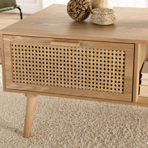 RODRIGO - Table basse couleur naturelle 2 tiroirs 1 niche bois cannage