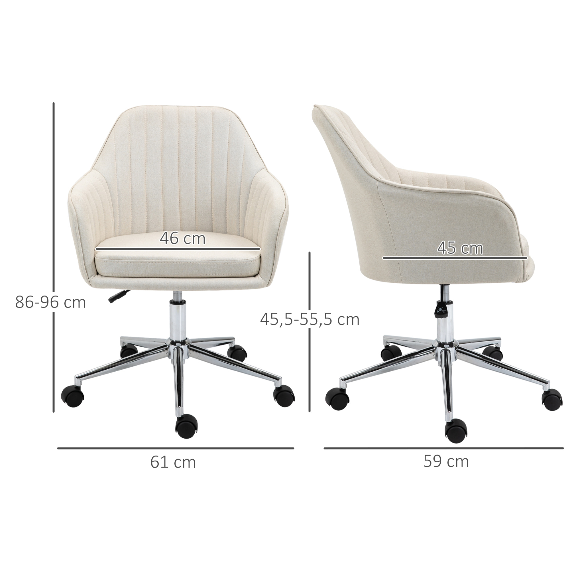 Silla de Oficina Silla de Escritorio Giratoria Tapizado en Lino con Altura Ajustable y Reposabrazos para Estudio Dormitorio Tocador Carga 120 kg Beige