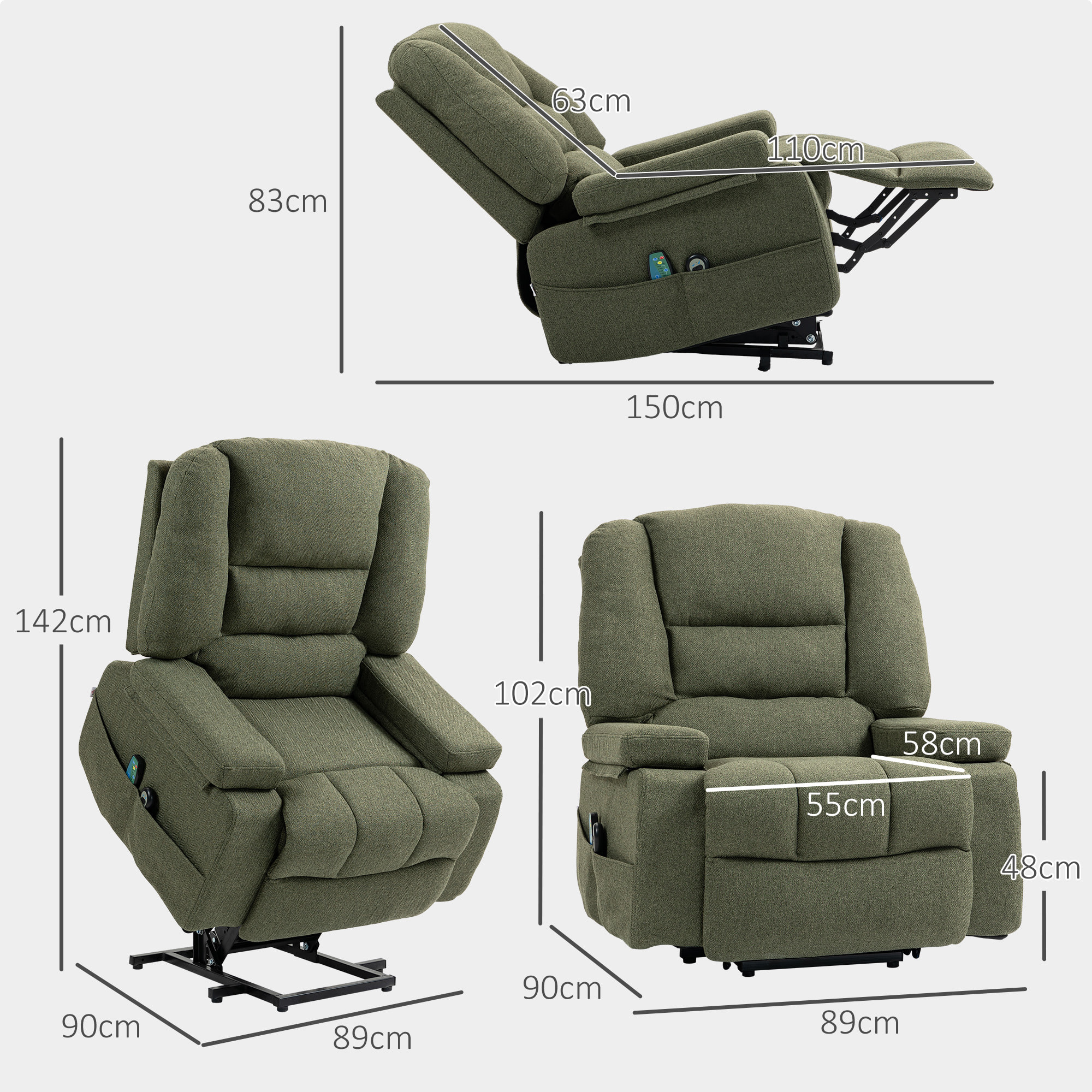 Fauteuil releveur électrique massant chauffant inclinable - repose-pied intégré, 2 télécommandes - tissu vert