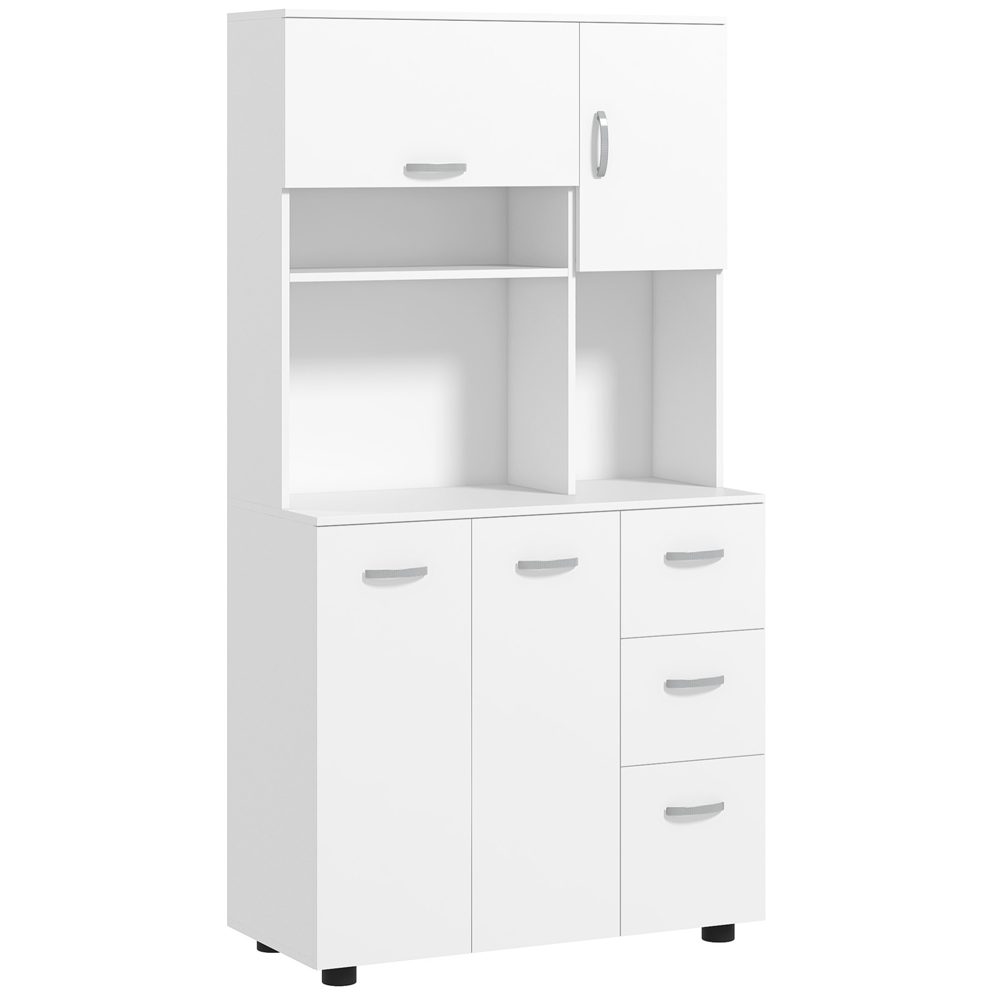 Armoire de Cuisine Buffet Multi-rangements 4 Portes 3 tiroirs étagère + Grand Plateau 89L x 39,5l x 168H cm Blanc