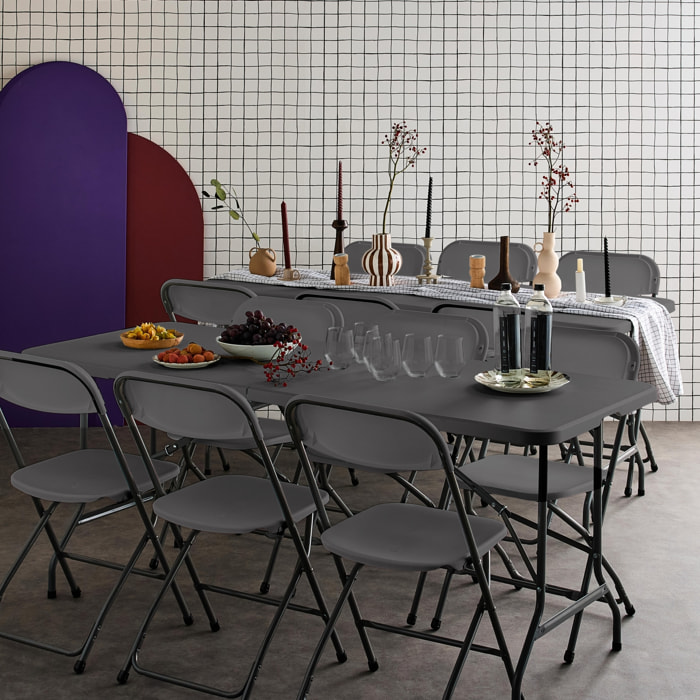 Lot de 2 tables de réception pliables en plastique gris 180cm + 12 chaises d'appoint. table de camping