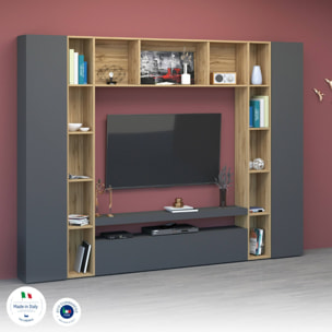 Parete attrezzata Gilberto, Set salotto porta TV a 3 ante, Mobile soggiorno multiuso, 100% Made in Italy, cm 270x35h210, Antracite e Rovere