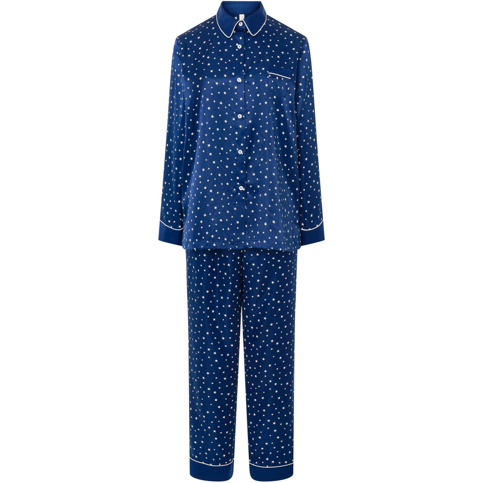 Pijama mujer raso estampado, chaqueta abierta con botones, bolsillo con vivo, manga larga y pantalón largo