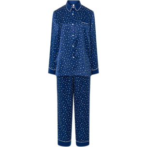 Pijama mujer raso estampado, chaqueta abierta con botones, bolsillo con vivo, manga larga y pantalón largo
