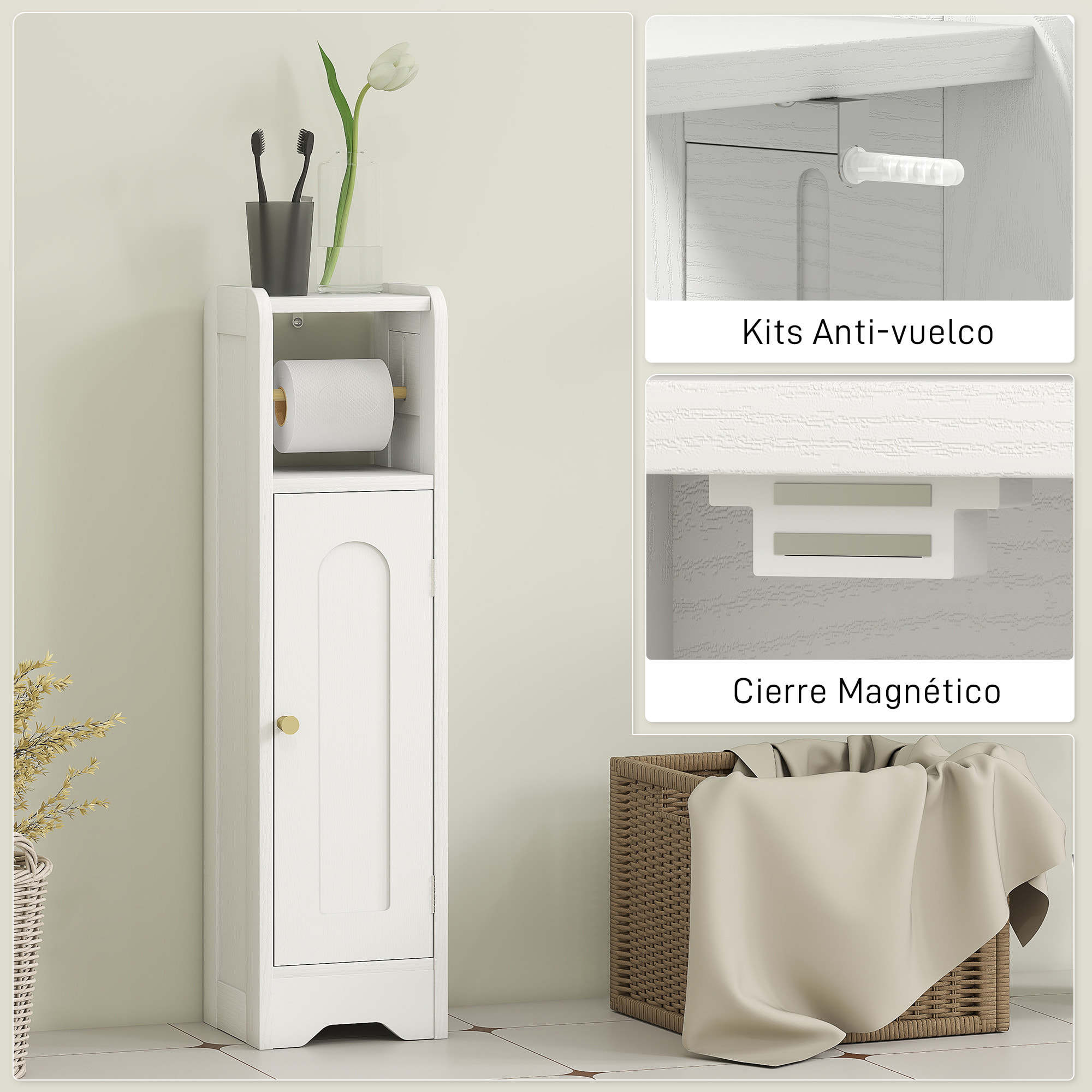 Armario de Baño Estrecho Mueble Auxiliar de Baño 21x20x79 cm con Estante Ajustable Portarrollos de Papel Extraíble y Puerta con Panel Arqueado para Espacios Pequeños Blanco