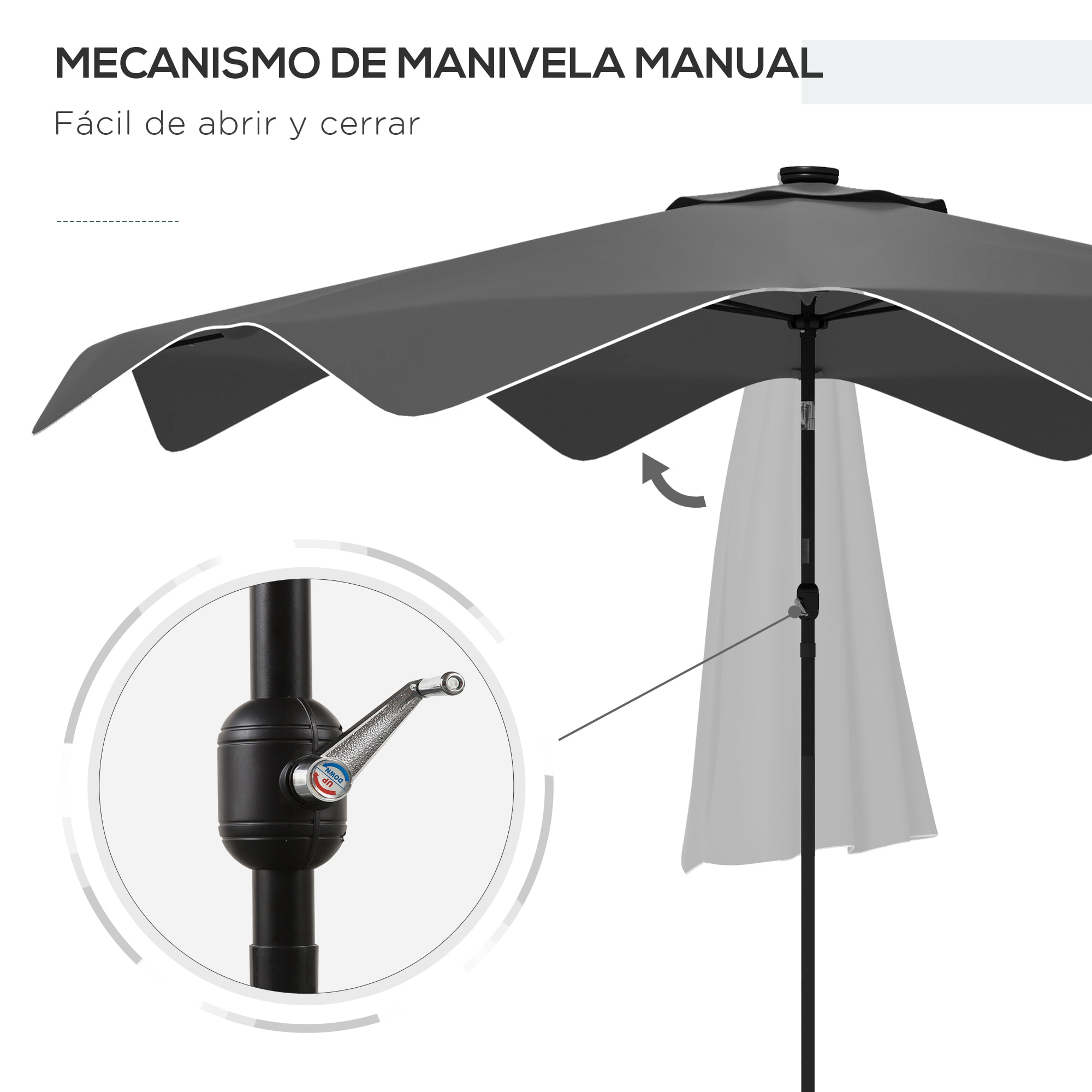 Sombrilla de Jardín Ø292x248 cm Parasol de Terraza Manual con 32 Luces LED Solares 8 Varillas Impermeable y Rejillas de Ventilación para Patio Balcón Gris Oscuro