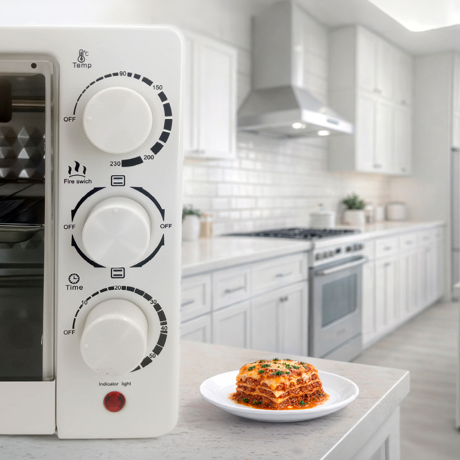 Forno elettrico da banco con capacità di 25 litri. Pannello di controllo meccanico e potenza di 1300 W.