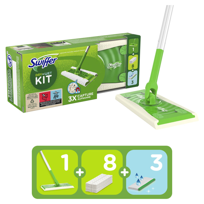 Kit de démarrage Swiffer Dry & Wet : Balai, 8 Lingettes Sèches Et 3 Lingettes Humides