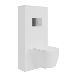 Pack Wc Suspendu + Châssis + Boîtier de Support Blanc | Toilette Blanc Mat | Bouton Chrome | Réservoir Encastré | Couvercle Amorti | Alday