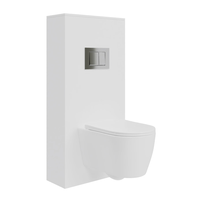 Pack Wc Suspendu + Châssis + Boîtier de Support Blanc | Toilette Blanc Mat | Bouton Chrome | Réservoir Encastré | Couvercle Amorti | Alday