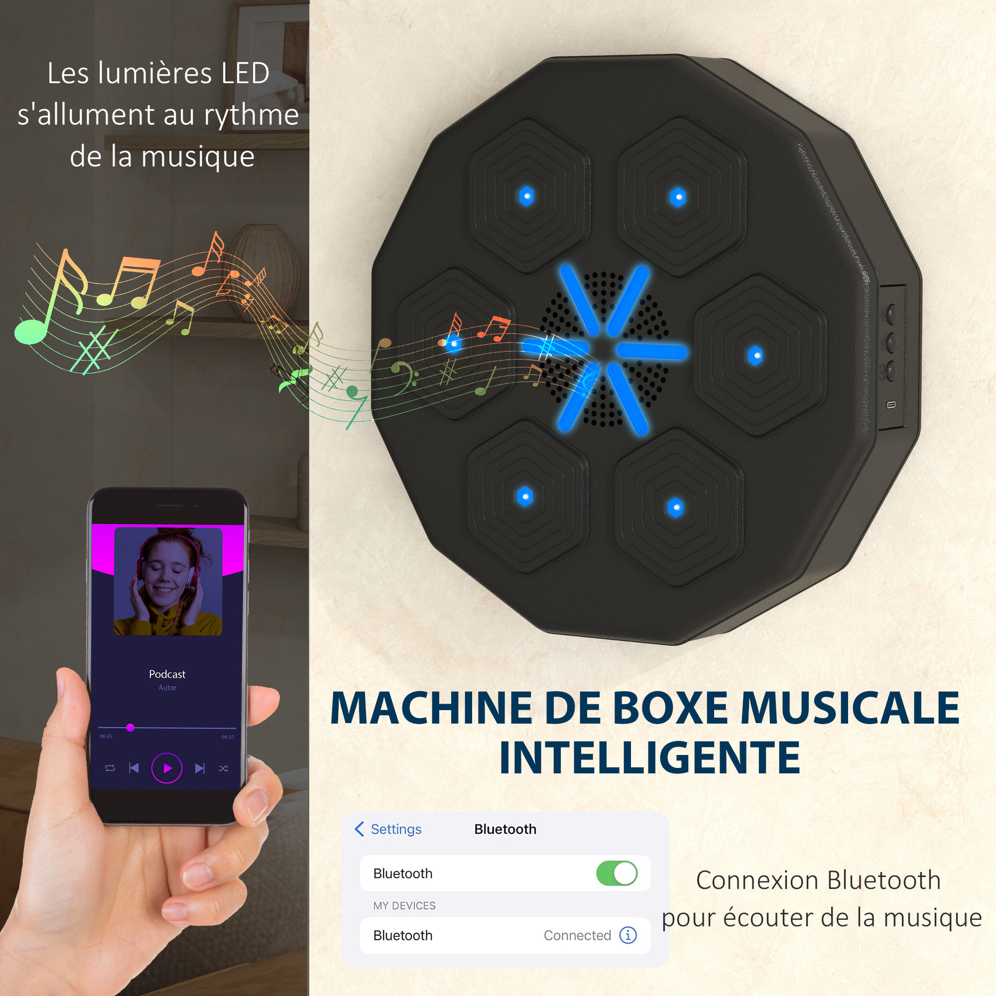 Machine de boxe musicale murale avec lumières - connexion bluetooth, charge USB - noir