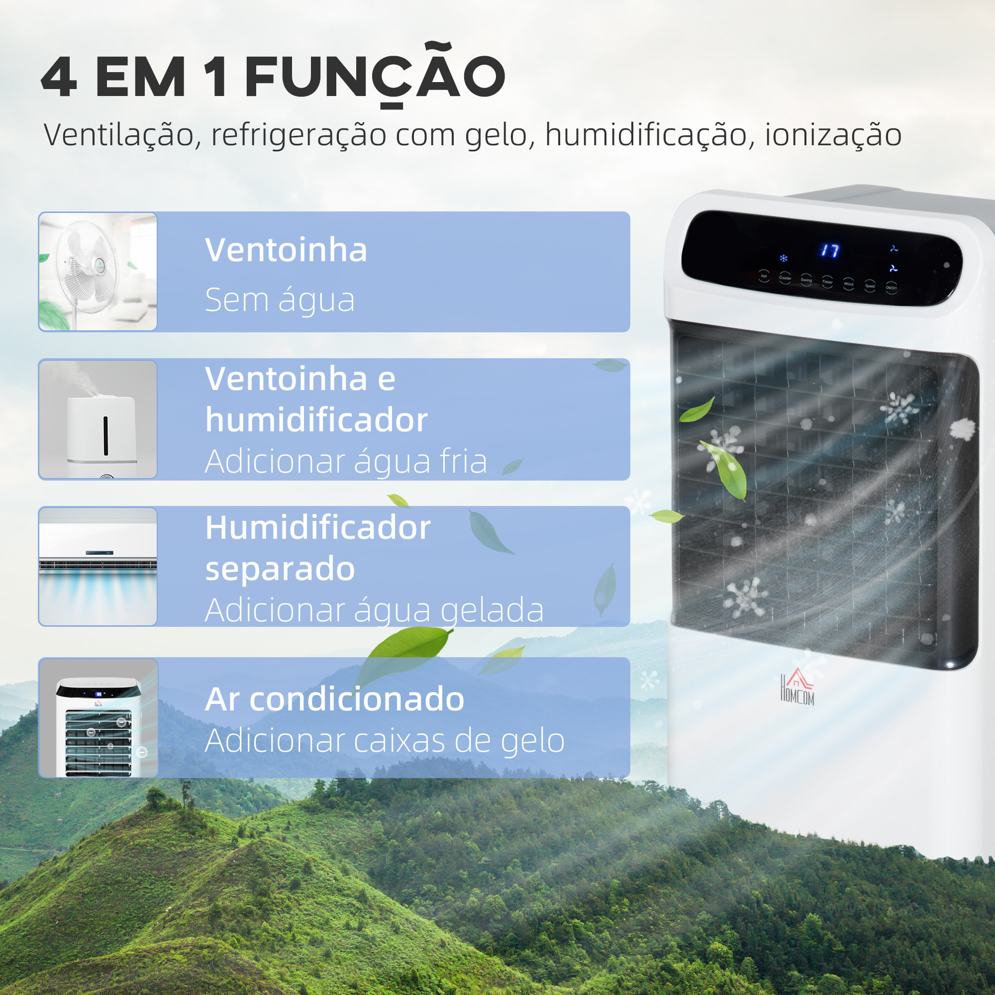 Climatizador Evaporativo 4 en 1 Humidificador Climatizador con Ruedas Depósito de 12L Control Remoto 3 Modos 3 Velocidades Temporizador 12h y Pantalla LED Táctil 38x35x81 cm Blanco