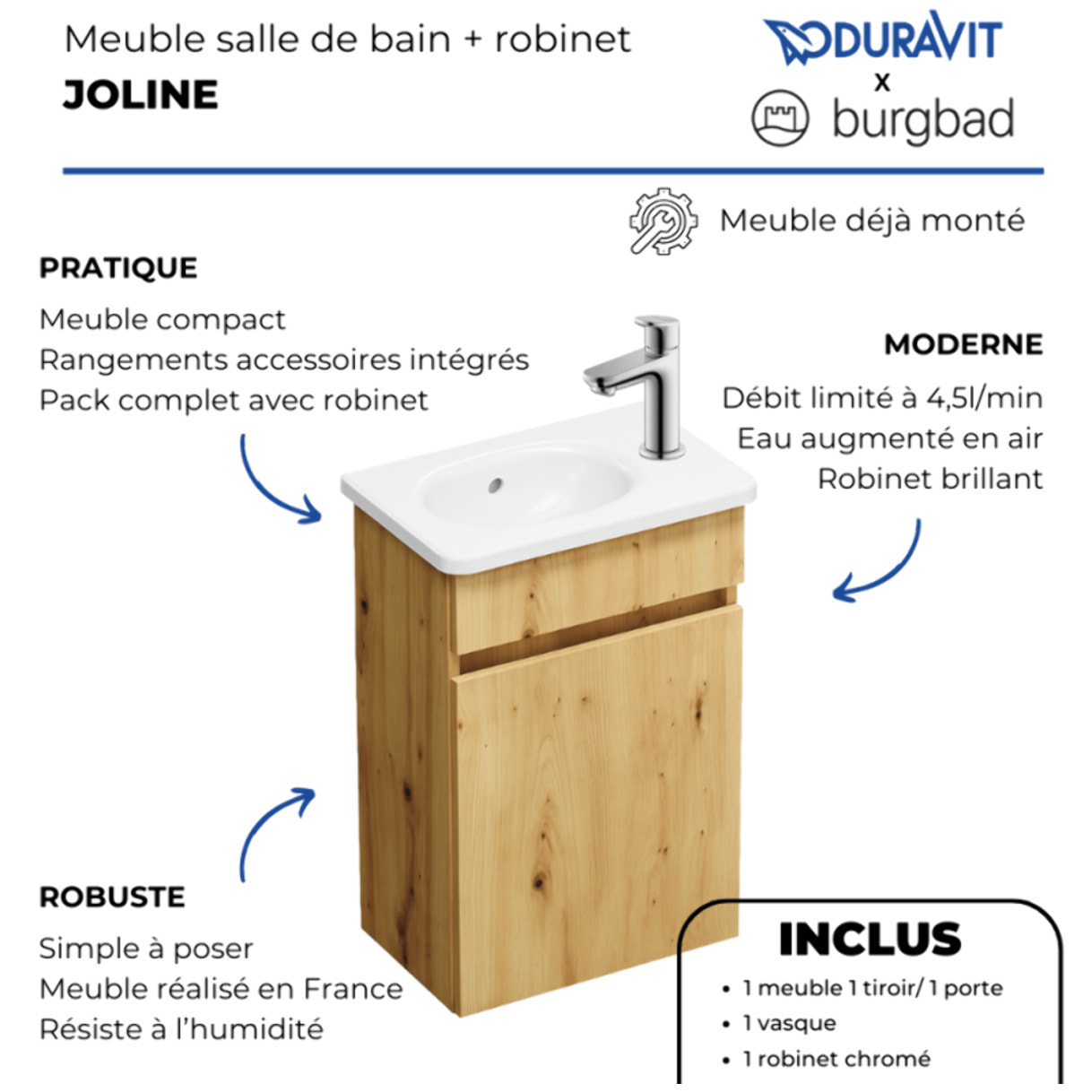 Pack meuble suspendu lave-mains Joline chêne + Robinet lave-mains eau froide Duravit Wave Inox brossé